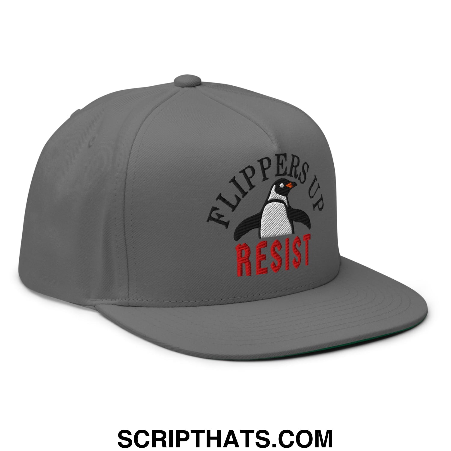 Flippers Up Resist Penguin Embroidered Flat Bill Brim 5 Panel Snapback Hat Grey