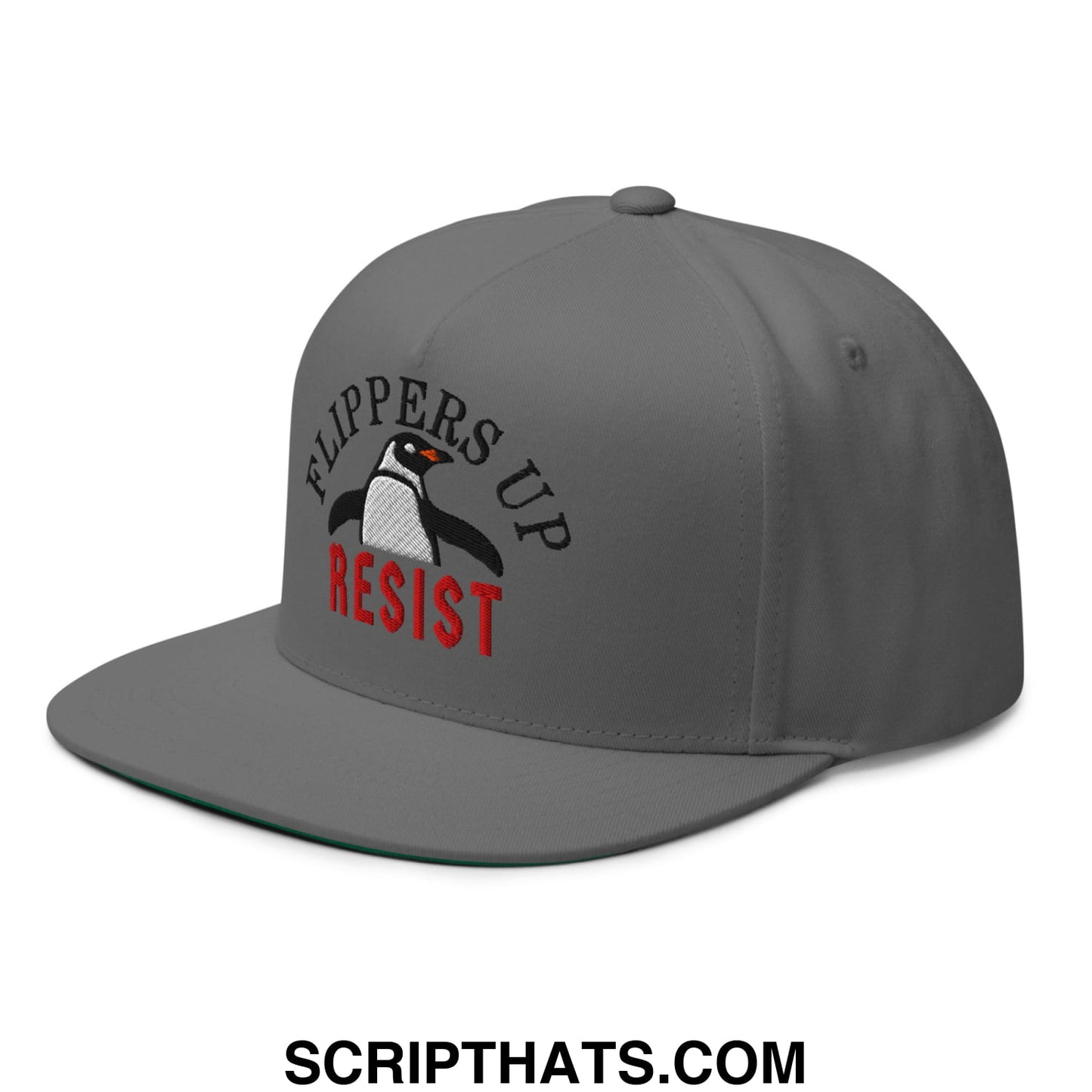 Flippers Up Resist Penguin Embroidered Flat Bill Brim 5 Panel Snapback Hat Grey