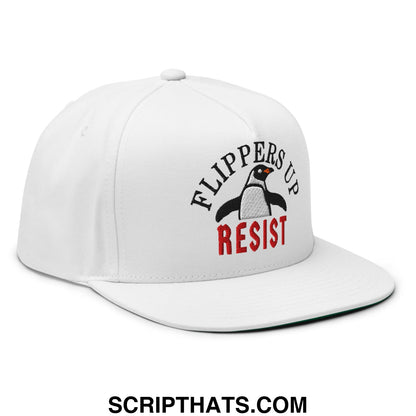 Flippers Up Resist Penguin Embroidered Flat Bill Brim 5 Panel Snapback Hat White