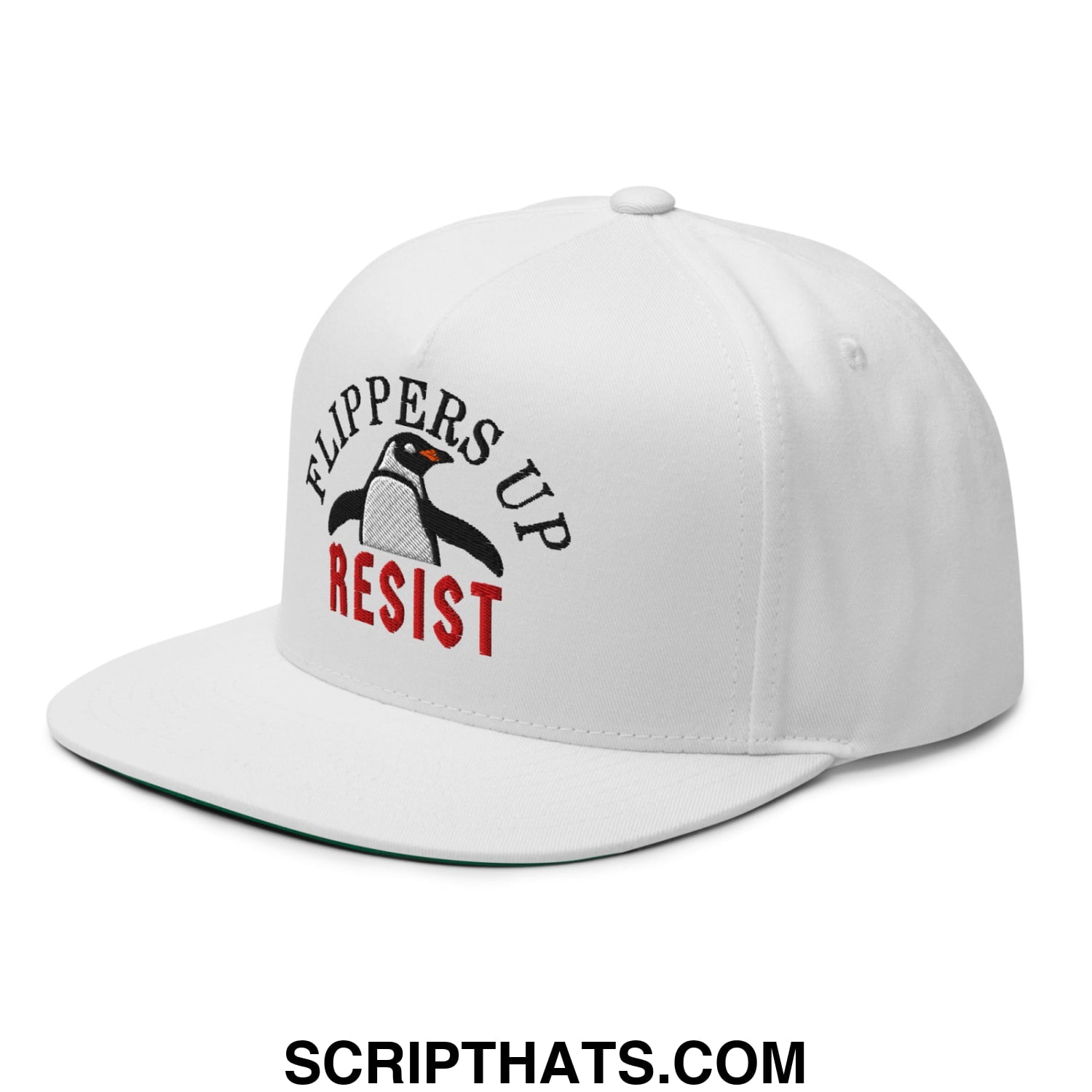 Flippers Up Resist Penguin Embroidered Flat Bill Brim 5 Panel Snapback Hat White