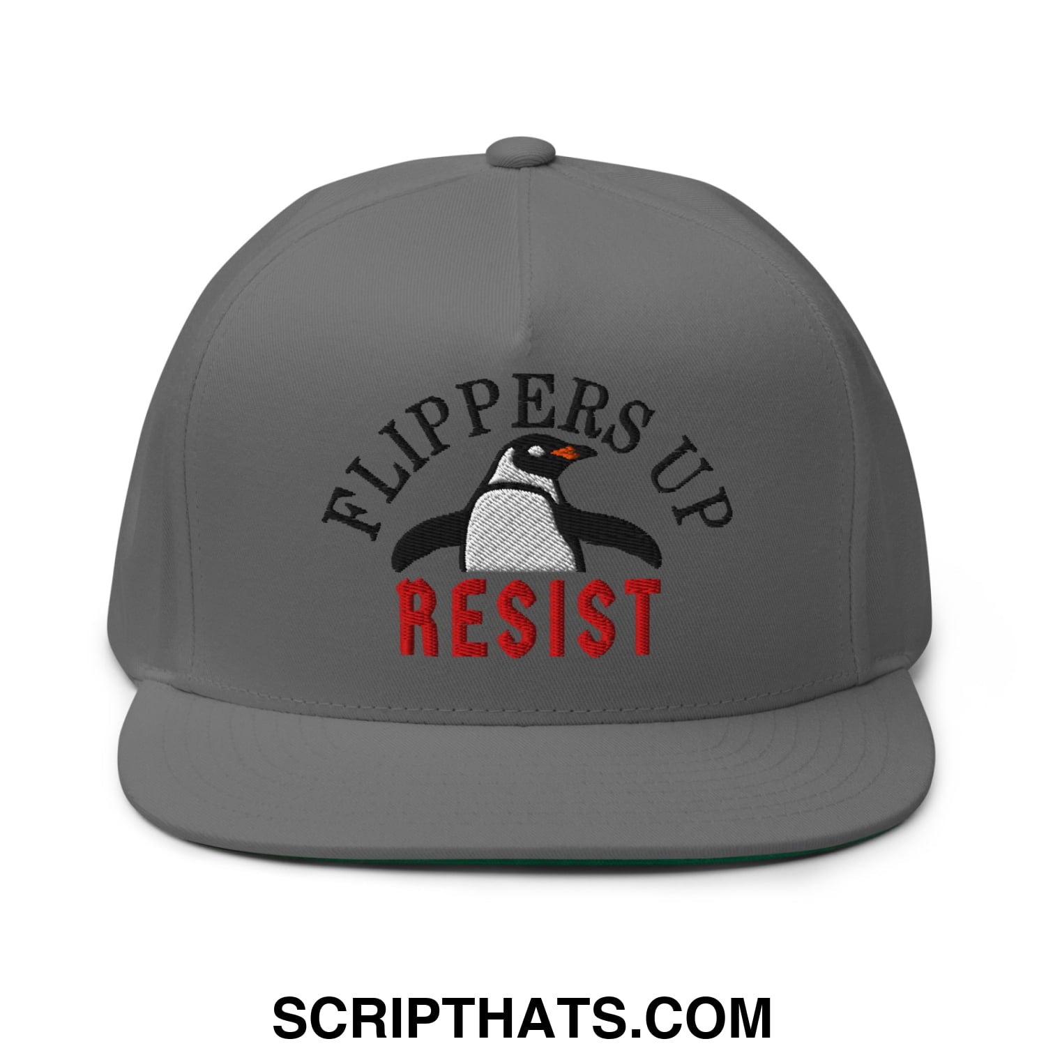 Flippers Up Resist Penguin Embroidered Flat Bill Brim 5 Panel Snapback Hat Grey