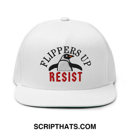 Flippers Up Resist Penguin Embroidered Flat Bill Brim 5 Panel Snapback Hat White