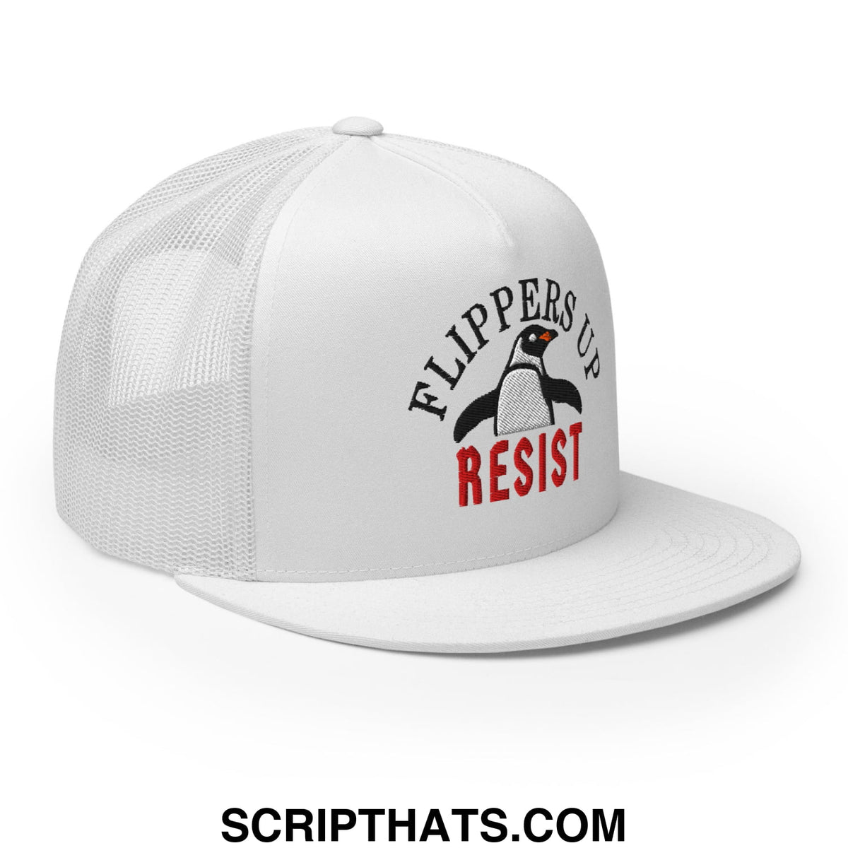 White mesh trucker hat with flat bill brim featuring embroidered penguin logo and flippers up resist text in black and red