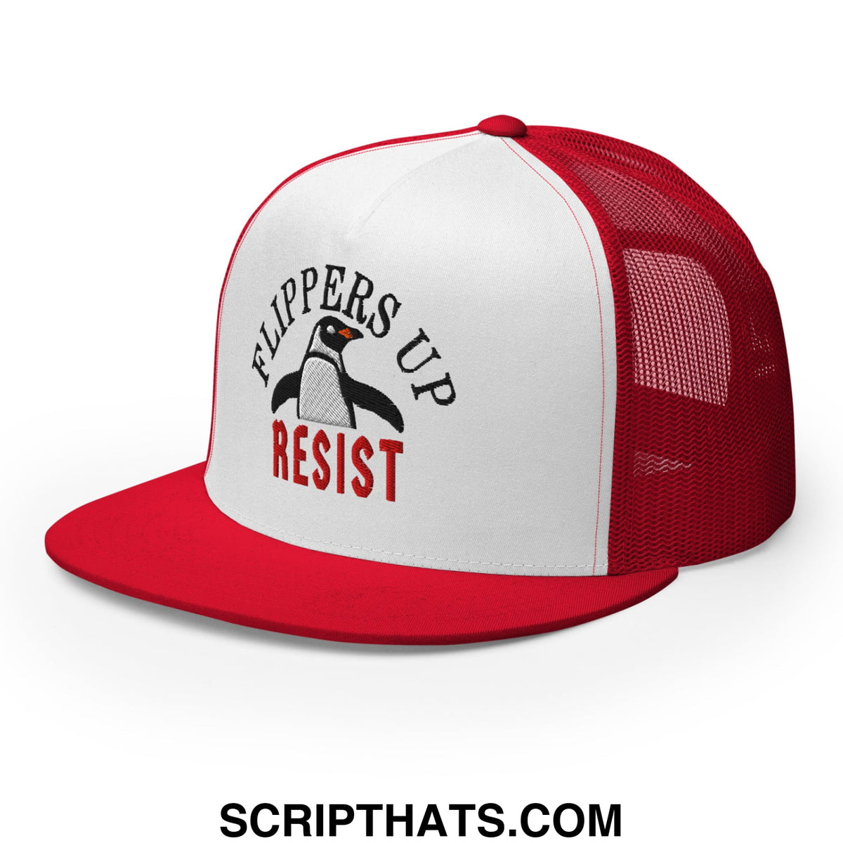 Red and white mesh trucker hat with black penguin graphic and flippers up resist embroidered on front flat bill brim