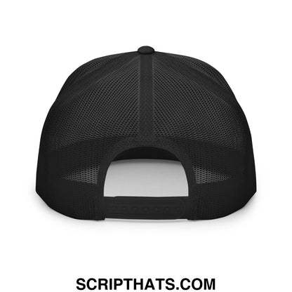 Black mesh trucker hat with solid back panel and adjustable strap featuring flippers up resist penguin embroidery