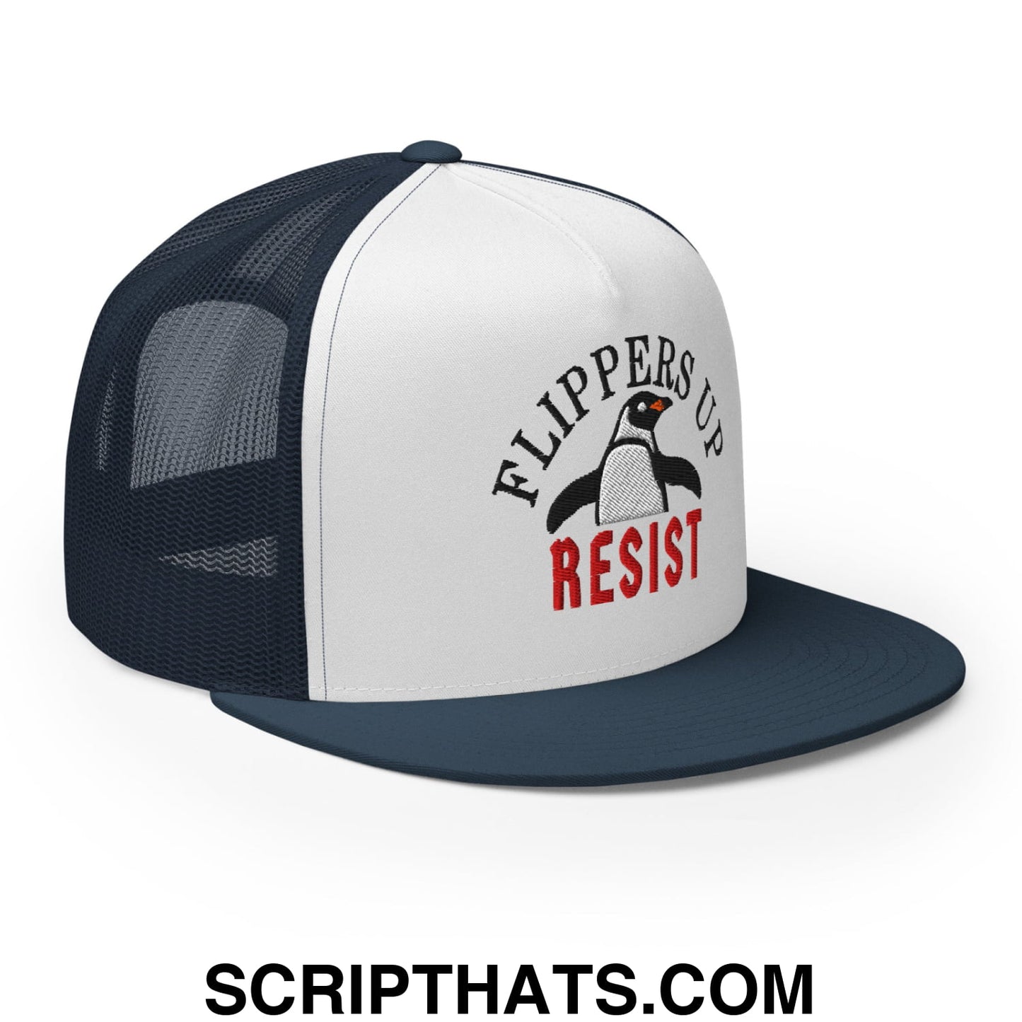 Flippers Up Resist Penguin Embroidered Flat Bill Brim Mesh Trucker Hat Navy White Navy
