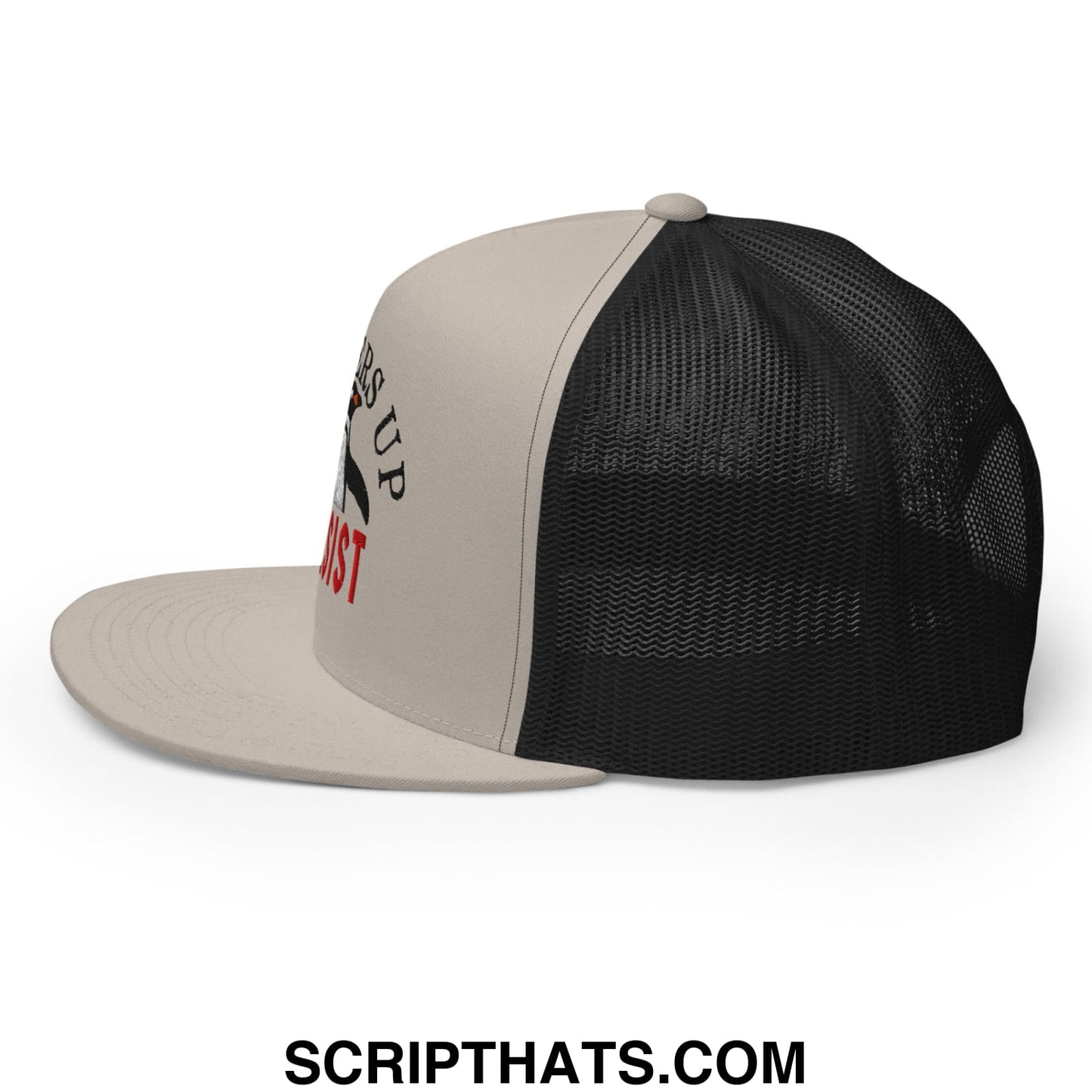 Beige and black mesh trucker hat with embroidered red and black flippers up resist penguin text on front panel
