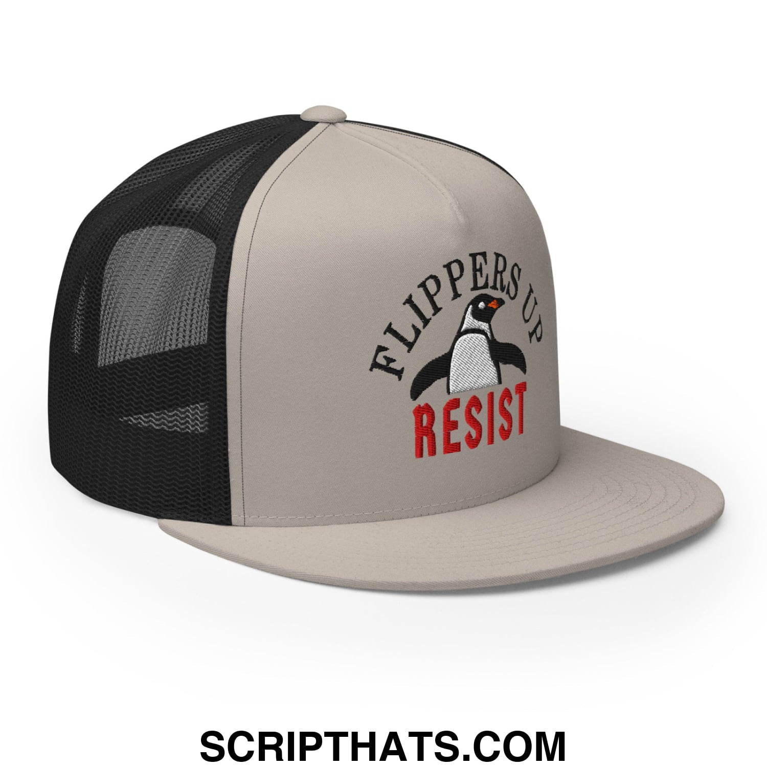 Beige and black mesh trucker hat with flat bill brim embroidered penguin logo and flippers up resist text