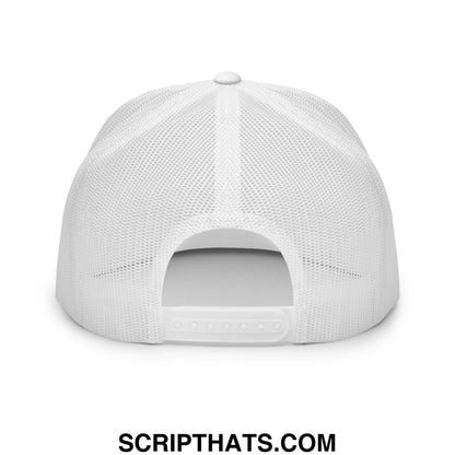 White mesh flippers up resist penguin embroidered flat bill trucker hat with adjustable snapback closure visible from back