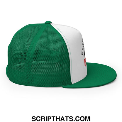 Green and white mesh trucker hat with flat brim and flippers up resist penguin embroidered logo on side