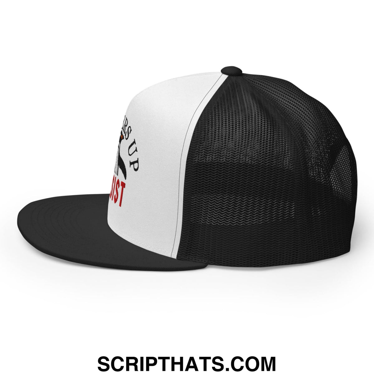 Black and white mesh trucker hat with flat bill and embroidered flippers up resist penguin text on front panel