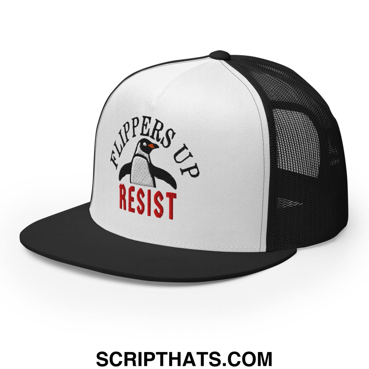Black and white mesh trucker hat with flat bill brim featuring embroidered penguin graphic and flippers up resist text