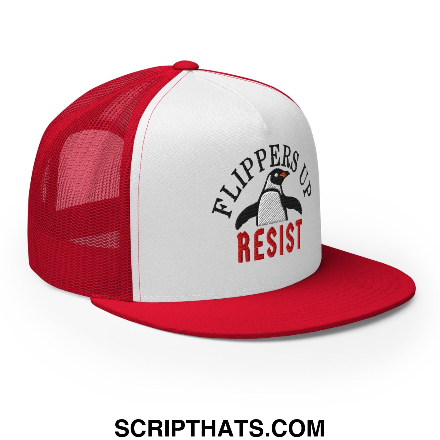 Red and white mesh trucker hat with penguin embroidery and flippers up resist text on flat bill brim