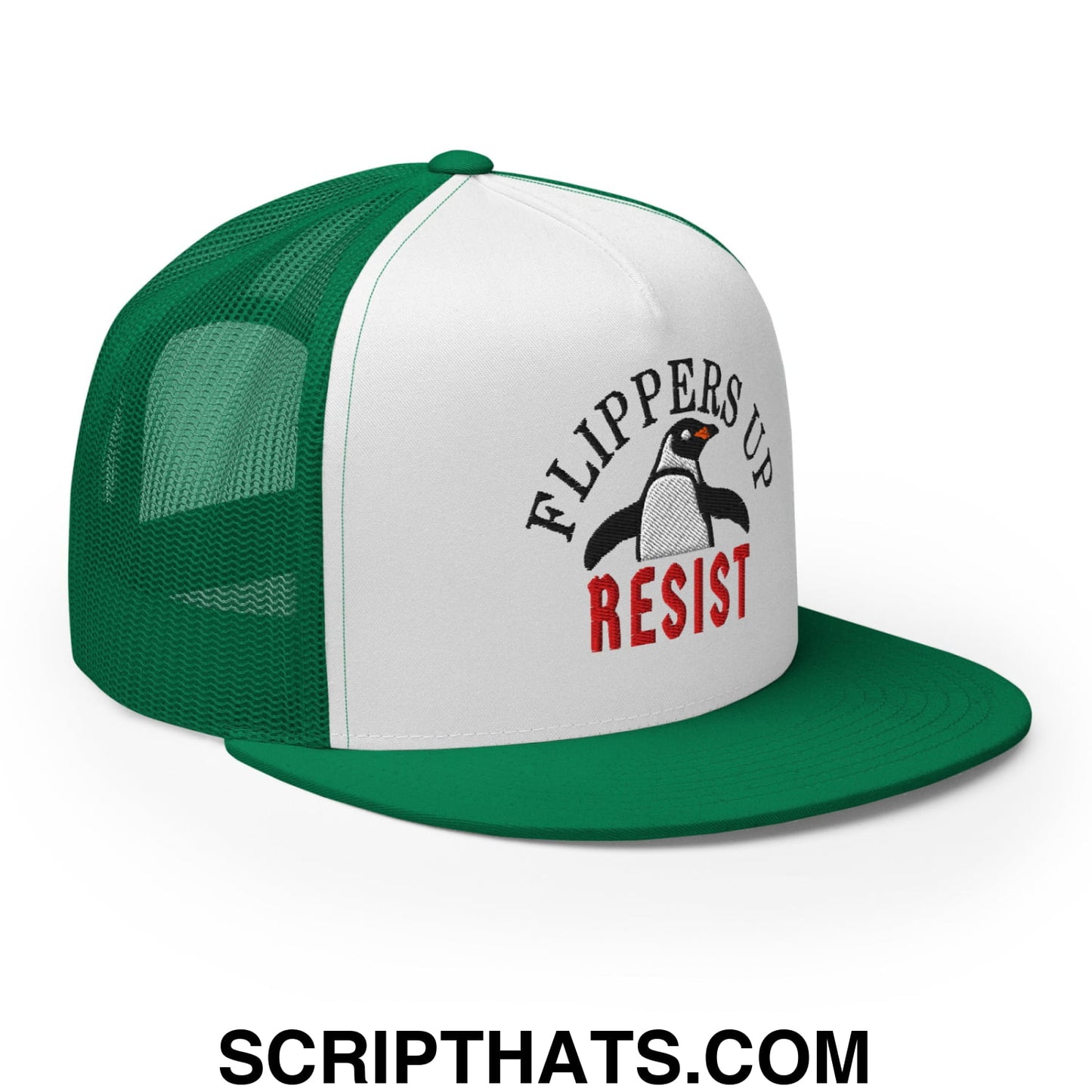 Flippers Up Resist Penguin Embroidered Flat Bill Brim Mesh Trucker Hat Kelly White Kelly