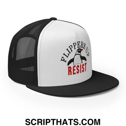 Flippers Up Resist Penguin Embroidered Flat Bill Brim Mesh Trucker Hat Black White Black