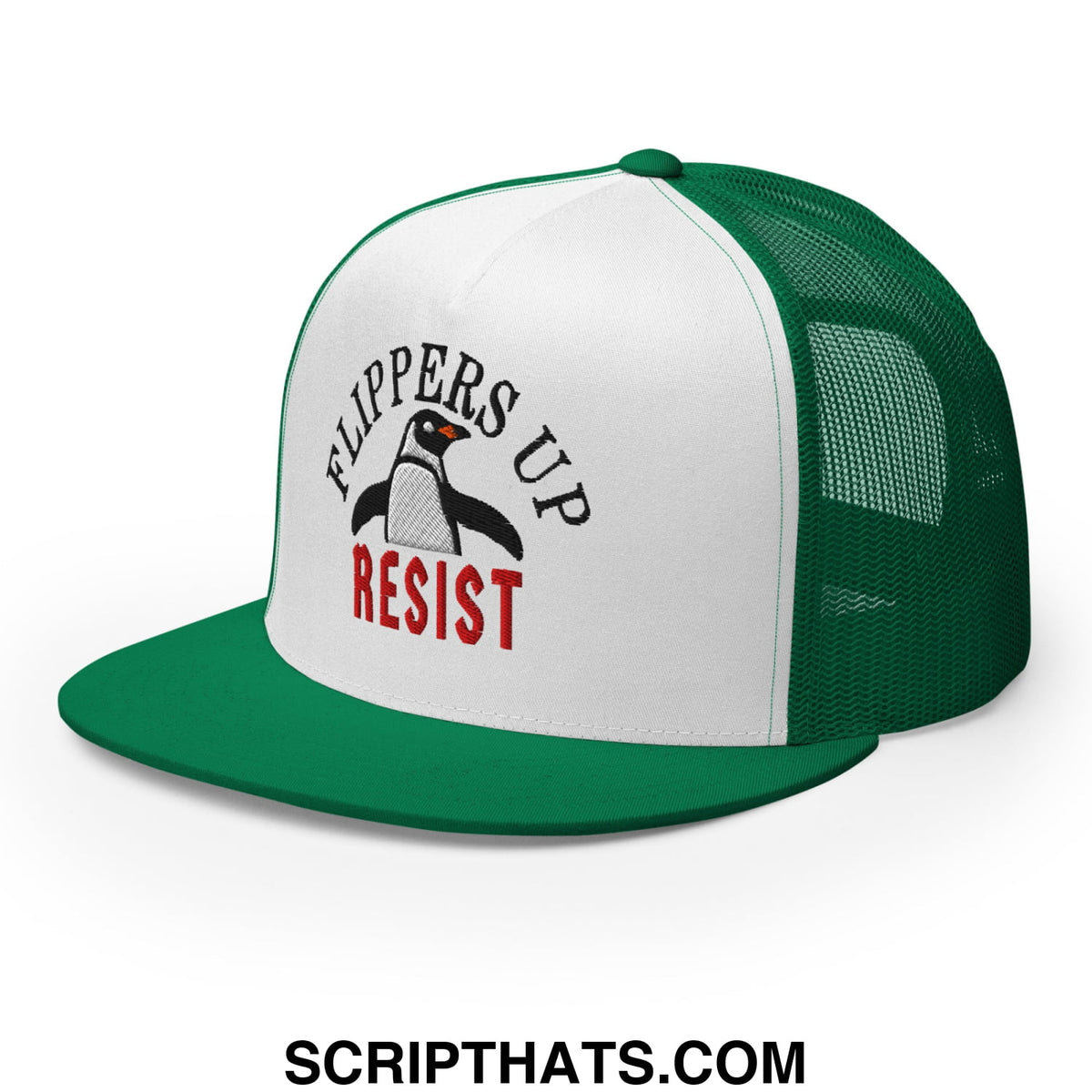 Green and white mesh trucker hat with flat bill brim featuring black penguin and red flippers up resist text embroidery