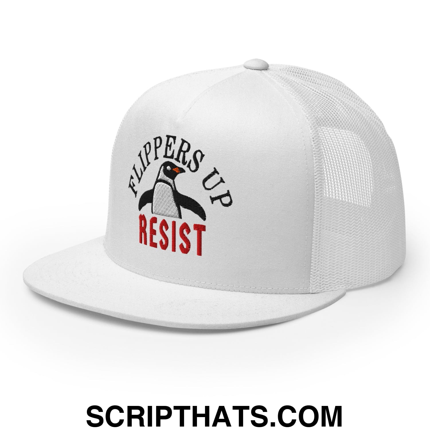 Flippers Up Resist Penguin Embroidered Flat Bill Brim Mesh Trucker Hat White