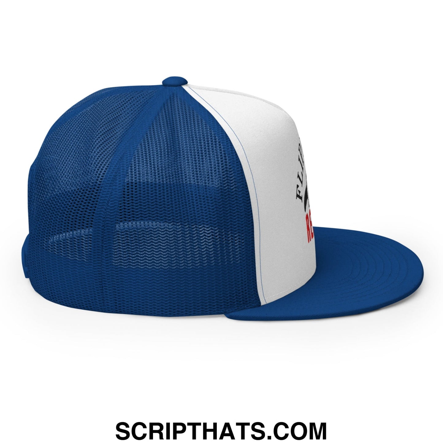 Blue and white flippers up resist penguin embroidered mesh trucker hat with solid front panel and flat brim