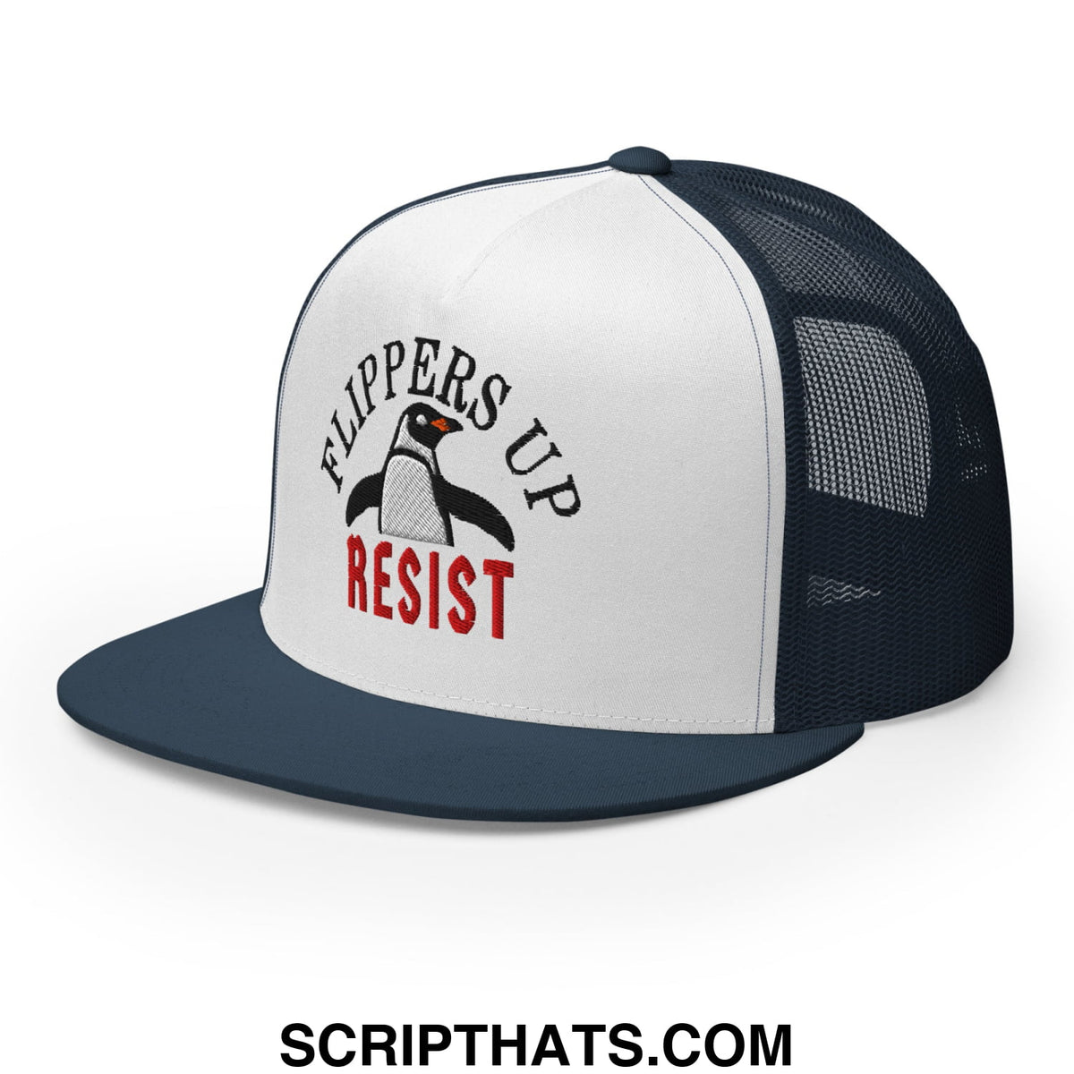 White and navy blue mesh trucker hat with black and red embroidered penguin and flippers up resist text