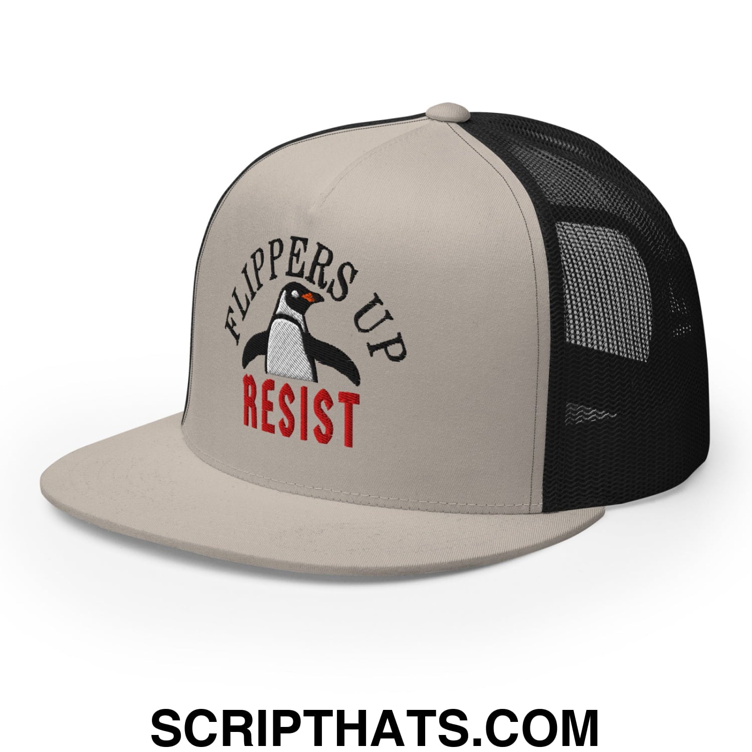 Flippers Up Resist Penguin Embroidered Flat Bill Brim Mesh Trucker Hat Silver Black