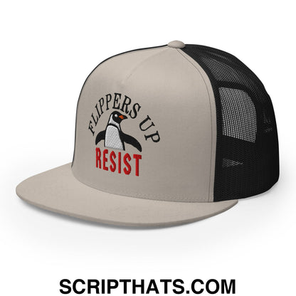 Flippers Up Resist Penguin Embroidered Flat Bill Brim Mesh Trucker Hat Silver Black