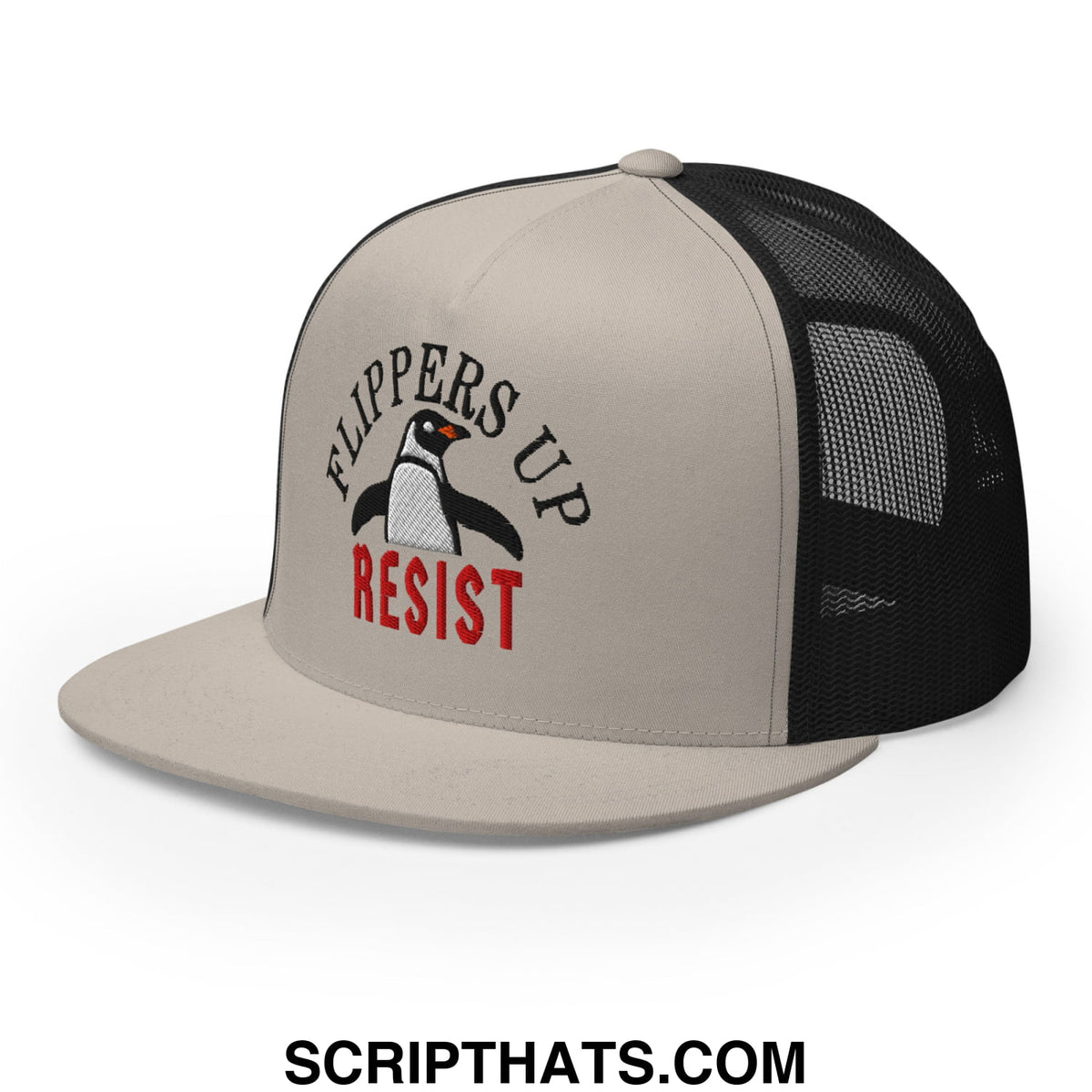 Beige and black mesh trucker hat with embroidered penguin logo and flippers up resist text on flat bill brim