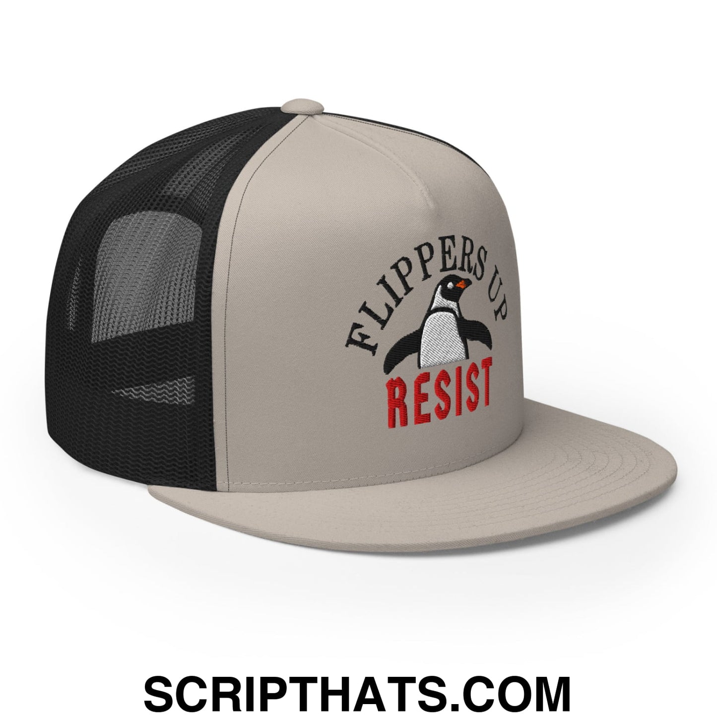 Flippers Up Resist Penguin Embroidered Flat Bill Brim Mesh Trucker Hat Silver Black