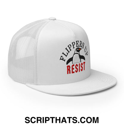 Flippers Up Resist Penguin Embroidered Flat Bill Brim Mesh Trucker Hat White
