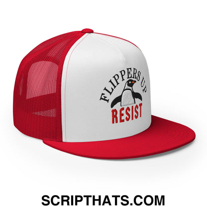 Flippers Up Resist Penguin Embroidered Flat Bill Brim Mesh Trucker Hat Red White Red