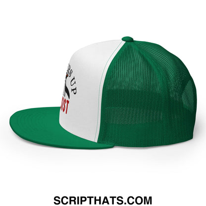 Green and white mesh trucker hat with black and red flippers up resist penguin embroidered flat bill brim
