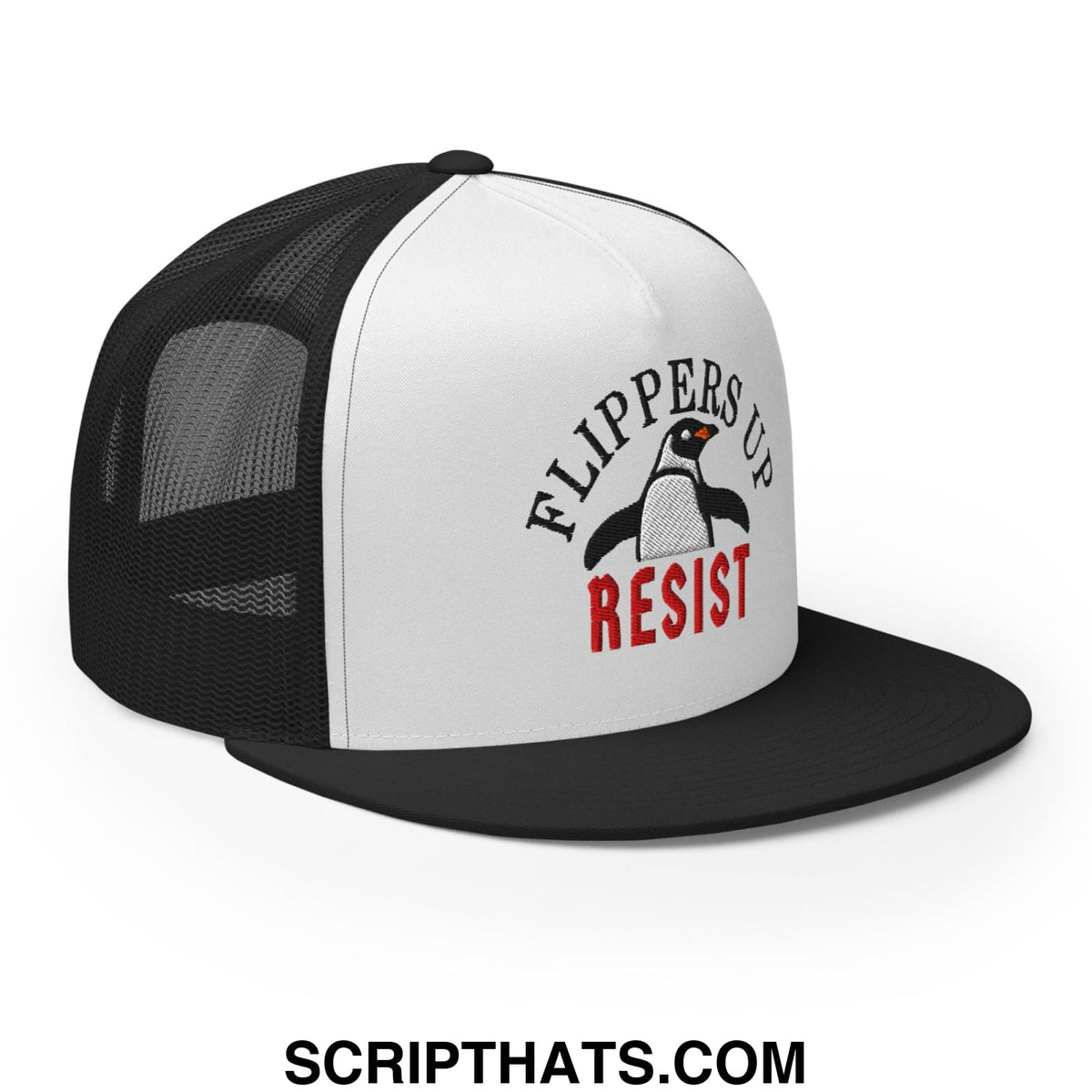 White and black mesh trucker hat with penguin graphic and flippers up resist embroidered flat bill brim