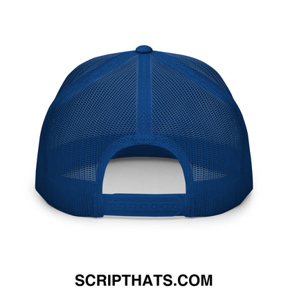 Blue mesh trucker hat with solid back panel and adjustable strap featuring flippers up resist penguin embroidery