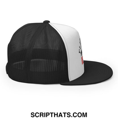 Black and white flippers up resist penguin embroidered flat bill brim mesh trucker hat with logo on side