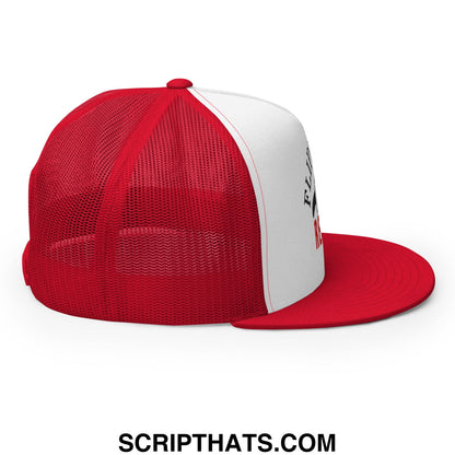 Red and white flippers up resist penguin embroidered flat bill brim mesh trucker hat with mesh back