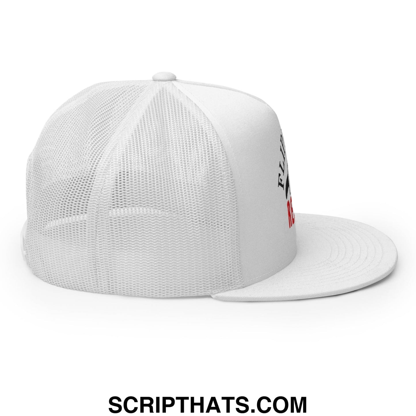 White mesh snapback cap with flat brim and black red flippers up resist penguin embroidered lettering on side