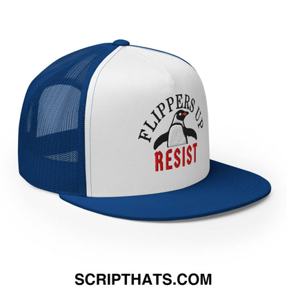 Blue and white mesh trucker hat with penguin graphic and flippers up resist embroidered flat bill brim