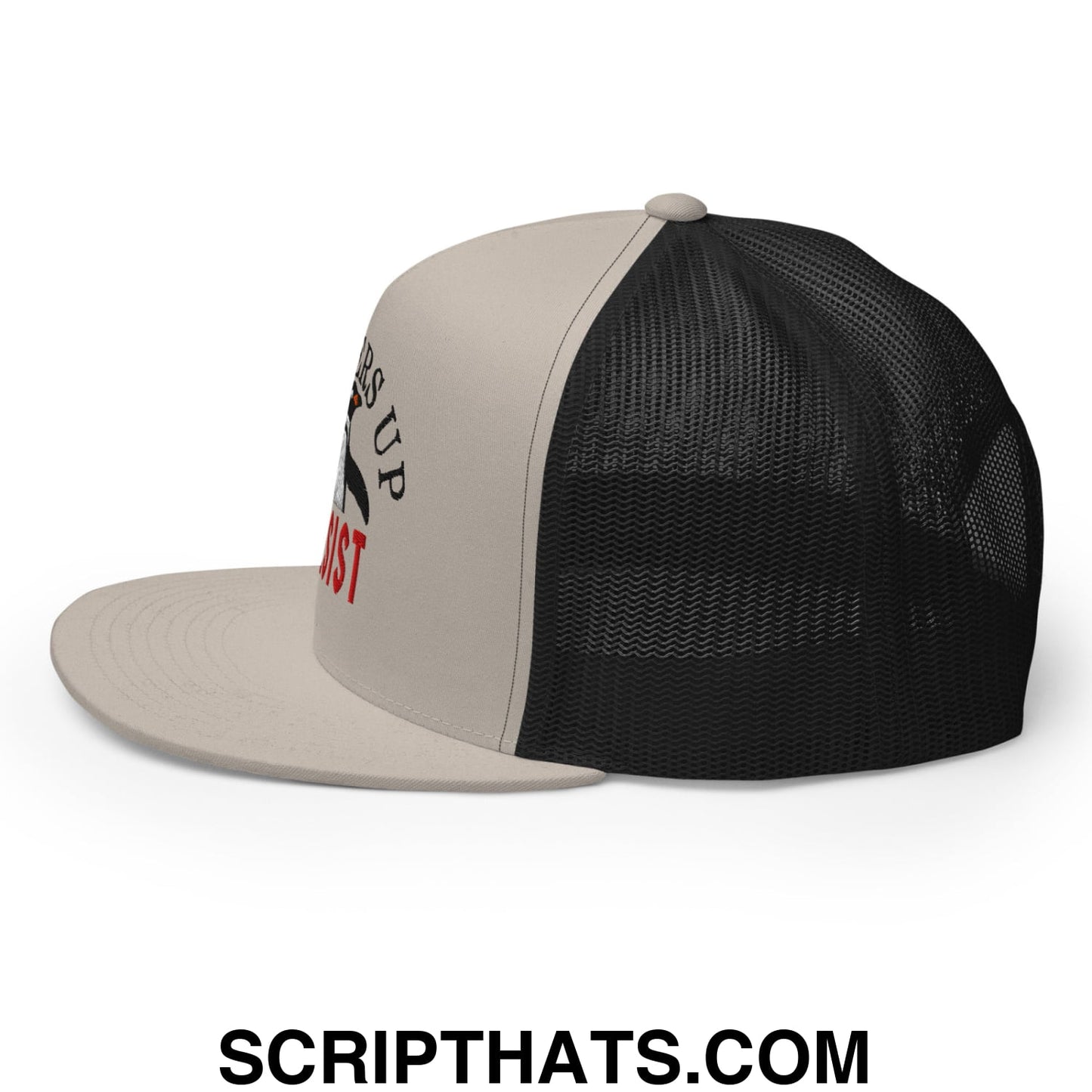 Flippers Up Resist Penguin Embroidered Flat Bill Brim Mesh Trucker Hat Silver Black