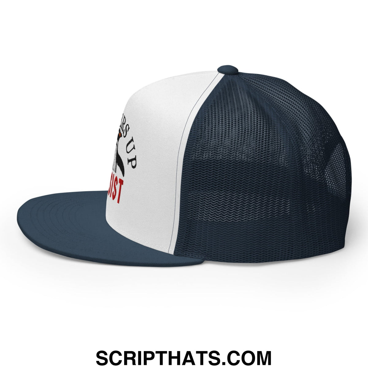 Navy and white mesh trucker hat with embroidered resist penguin logo and flat bill brim front panel