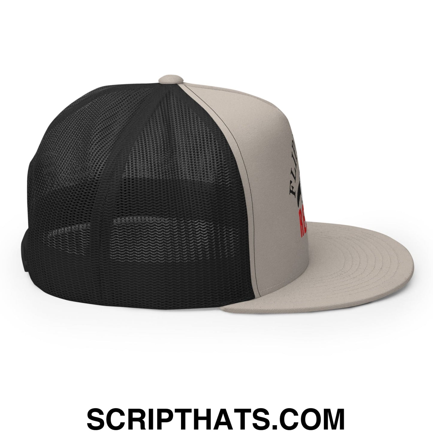 Flippers Up Resist Penguin Embroidered Flat Bill Brim Mesh Trucker Hat Silver Black