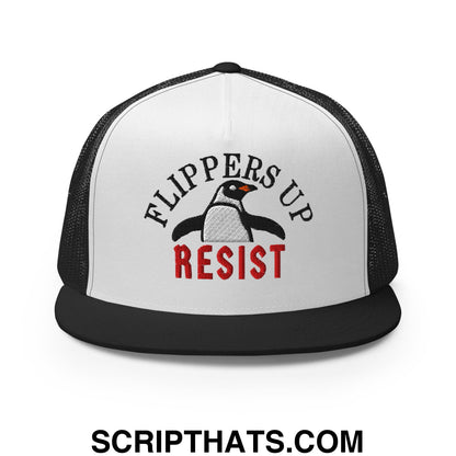 Flippers Up Resist Penguin Embroidered Flat Bill Brim Mesh Trucker Hat Black White Black