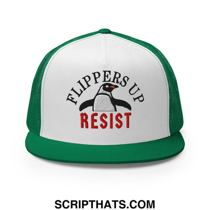 Green and white mesh trucker hat with embroidered penguin design and flippers up resist text on front panel
