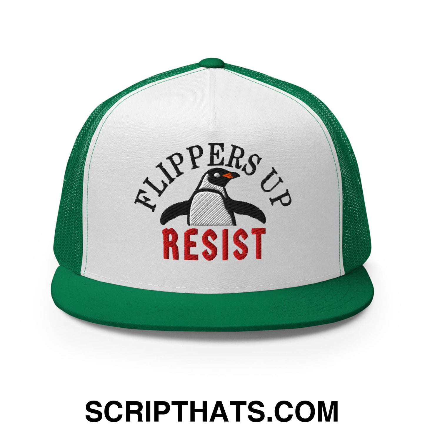 Flippers Up Resist Penguin Embroidered Flat Bill Brim Mesh Trucker Hat Kelly White Kelly