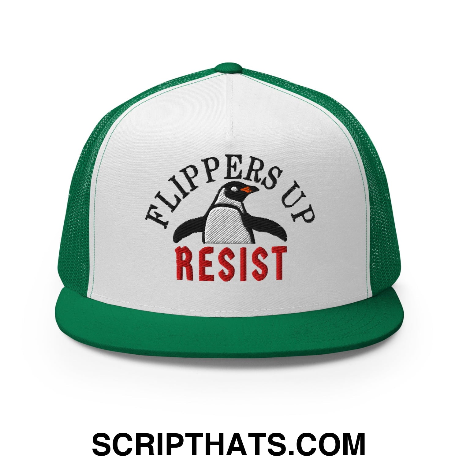 Flippers Up Resist Penguin Embroidered Flat Bill Brim Mesh Trucker Hat Kelly White Kelly