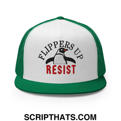 Flippers Up Resist Penguin Embroidered Flat Bill Brim Mesh Trucker Hat Kelly White Kelly