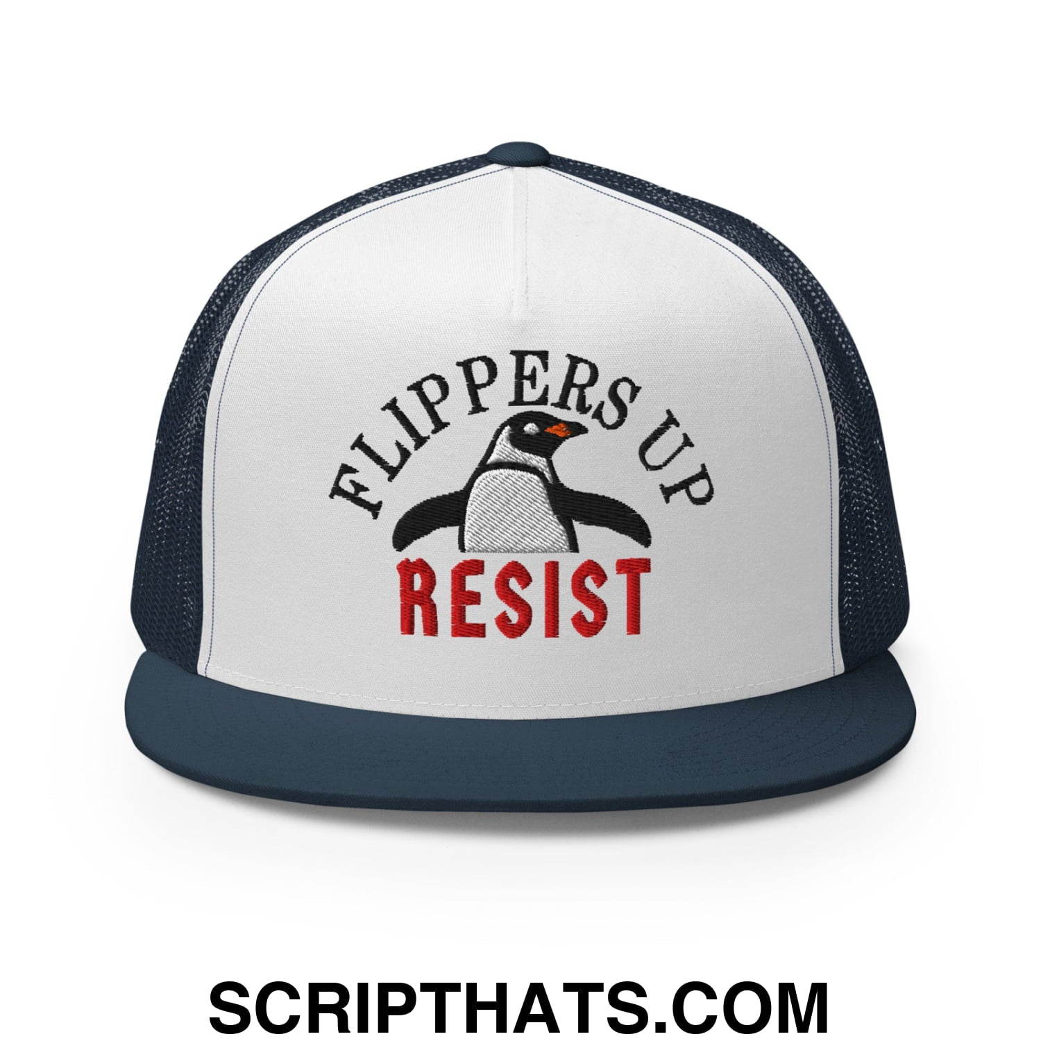 Flippers Up Resist Penguin Embroidered Flat Bill Brim Mesh Trucker Hat Navy White Navy