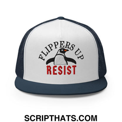 Flippers Up Resist Penguin Embroidered Flat Bill Brim Mesh Trucker Hat Navy White Navy