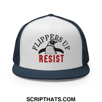 White and navy blue mesh trucker hat with flat bill brim embroidered penguin design and flippers up resist text