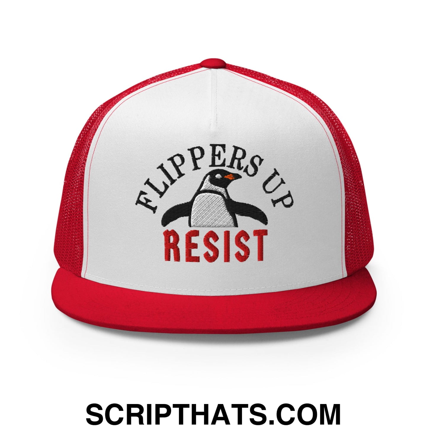 Flippers Up Resist Penguin Embroidered Flat Bill Brim Mesh Trucker Hat Red White Red