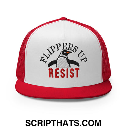 Flippers Up Resist Penguin Embroidered Flat Bill Brim Mesh Trucker Hat Red White Red