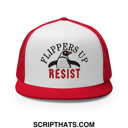Red and white mesh trucker hat with flat bill brim embroidered penguin design and flippers up resist text